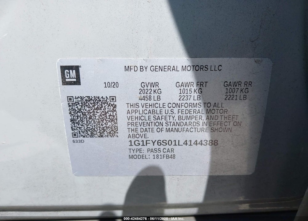 2020 CHEVROLET BOLT EV VIN: 1G1FY6S01L4144388