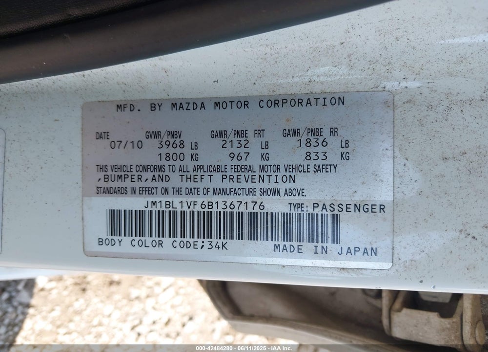 2011 MAZDA 3 I TOURING VIN: JM1BL1VF6B1367176