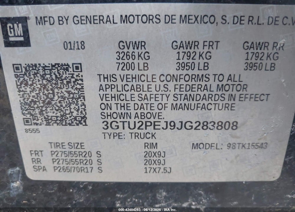 2018 GMC SIERRA 1500 VIN: 3GTU2PEJ9JG283808
