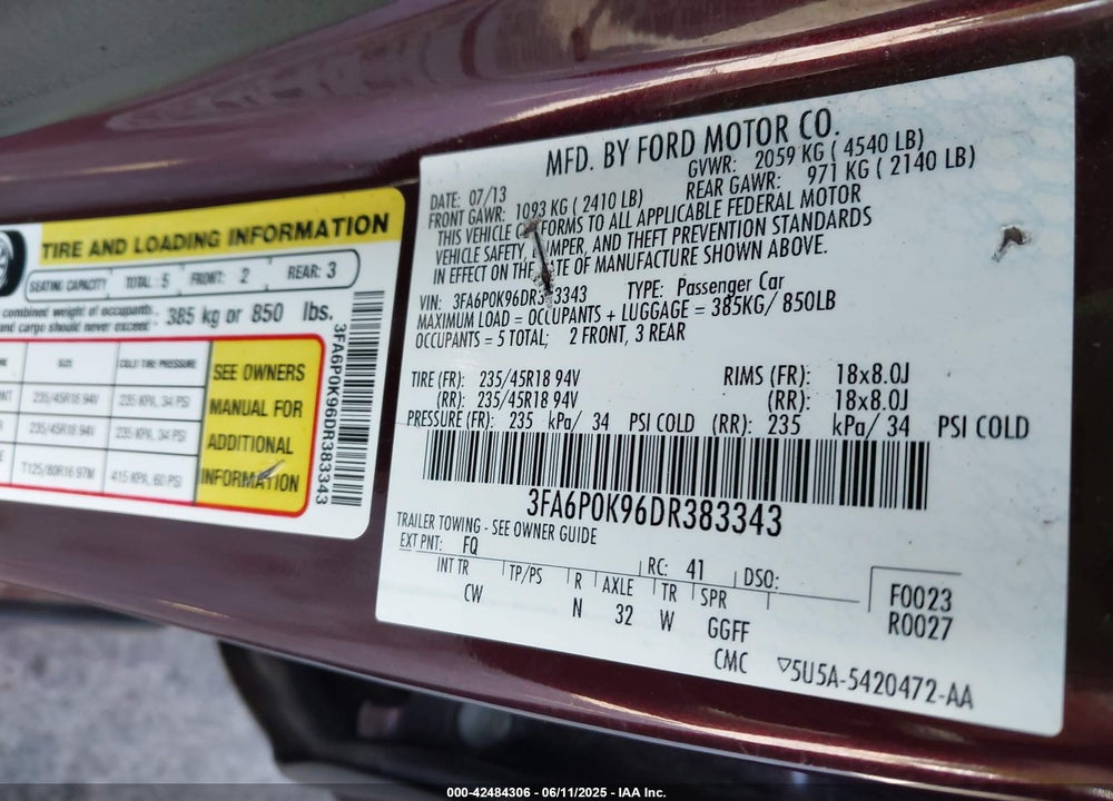 2013 FORD FUSION VIN: 3FA6P0K96DR383343