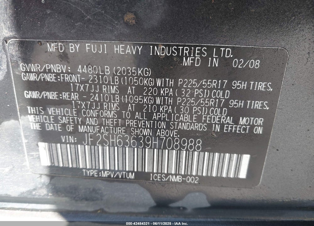 2009 SUBARU FORESTER 2.5X VIN: JF2SH63639H708988