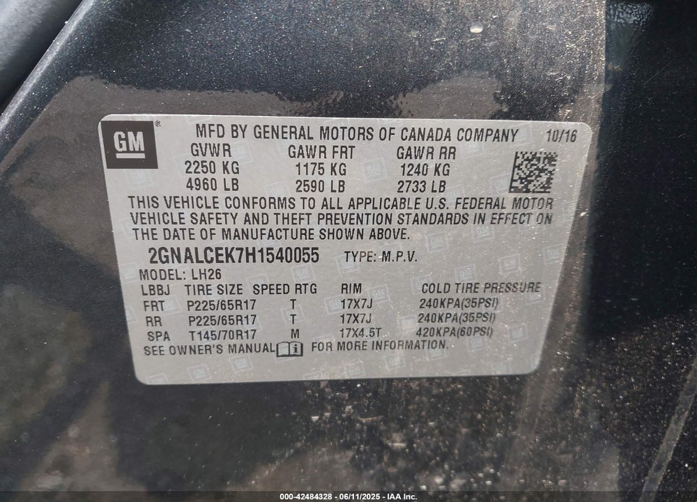 2017 CHEVROLET EQUINOX VIN: 2GNALCEK7H1540055