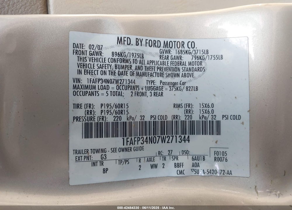 2007 FORD FOCUS VIN: 1FAFP34N07W271344