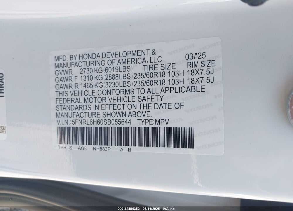 2025 HONDA ODYSSEY EX-L VIN: 5FNRL6H60SB055644