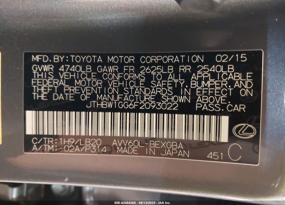 2015 LEXUS ES VIN: JTHBW1GG6F2093022