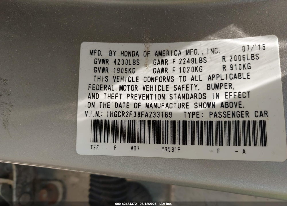 2015 HONDA ACCORD VIN: 1HGCR2F38FA233189