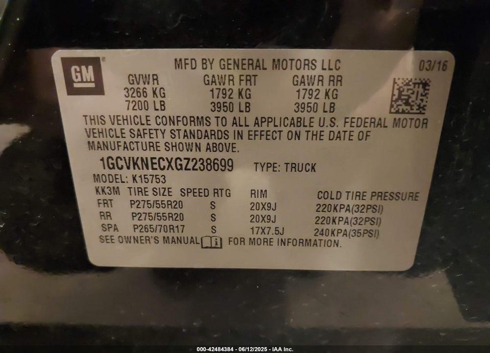 2016 CHEVROLET SILVERADO 1500 VIN: 1GCVKNECXGZ238699