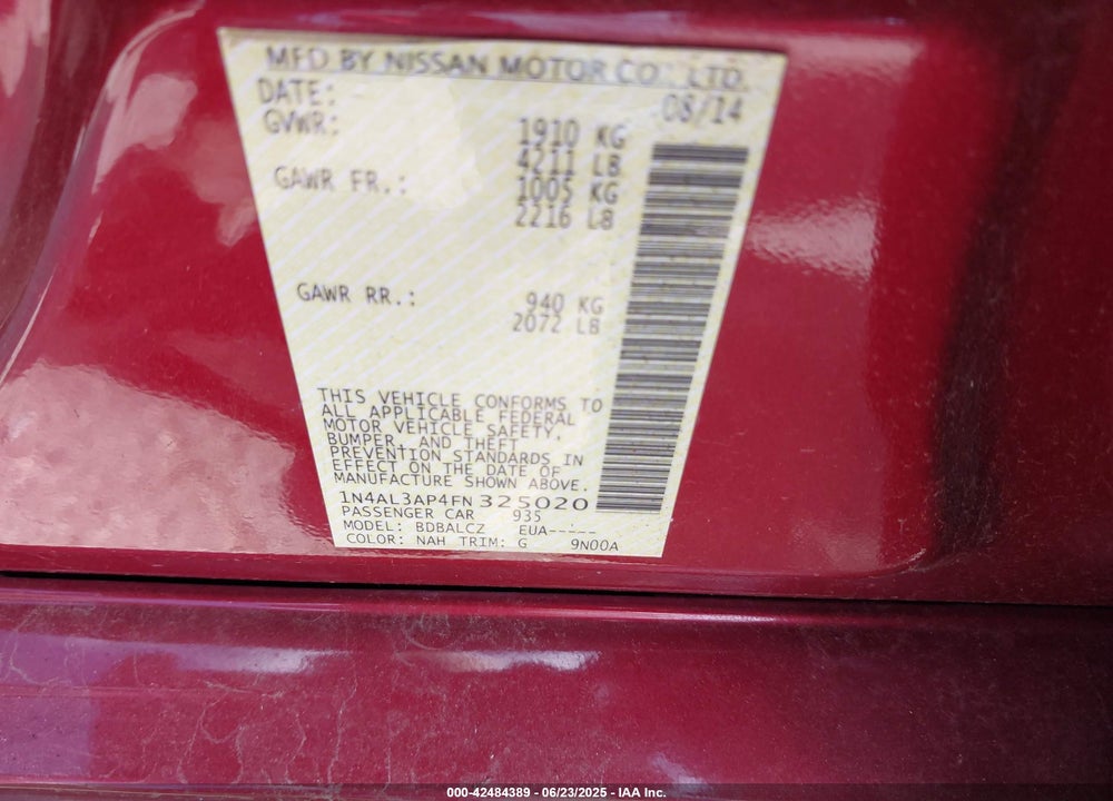 2015 NISSAN ALTIMA VIN: 1N4AL3AP4FN325020