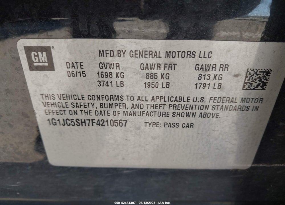 2015 CHEVROLET SONIC LT AUTO VIN: 1G1JC5SH7F4210567