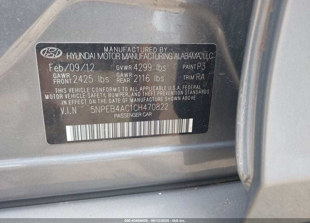 2012 HYUNDAI SONATA VIN: 5NPEB4AC1CH470822