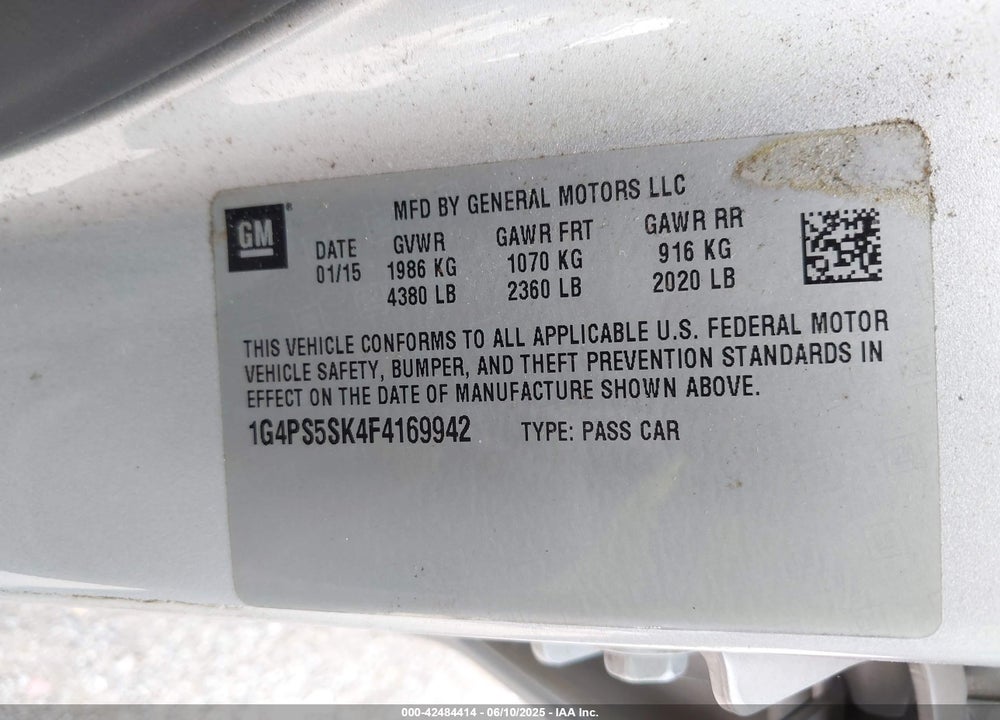 2015 BUICK VERANO LEATHER GROUP VIN: 1G4PS5SK4F4169942