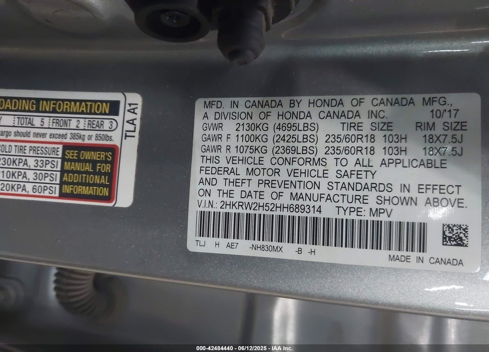 2017 HONDA CR-V VIN: 2HKRW2H52HH689314