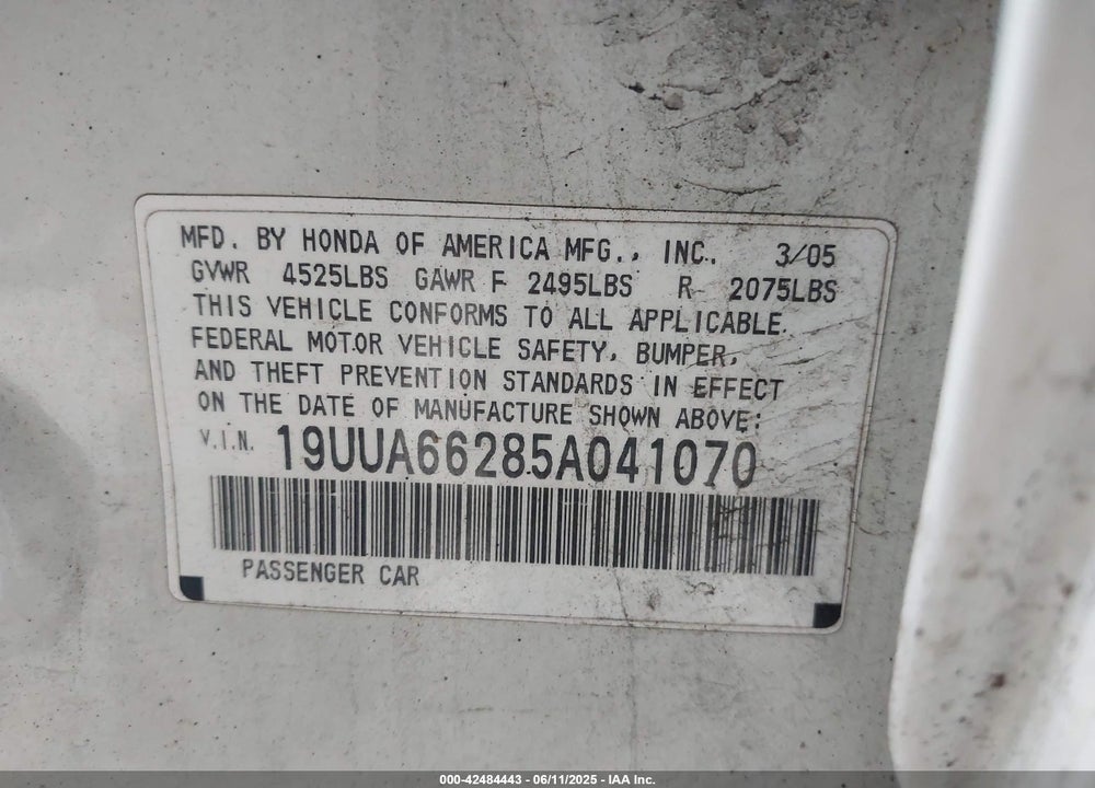 2005 ACURA TL VIN: 19UUA66285A041070
