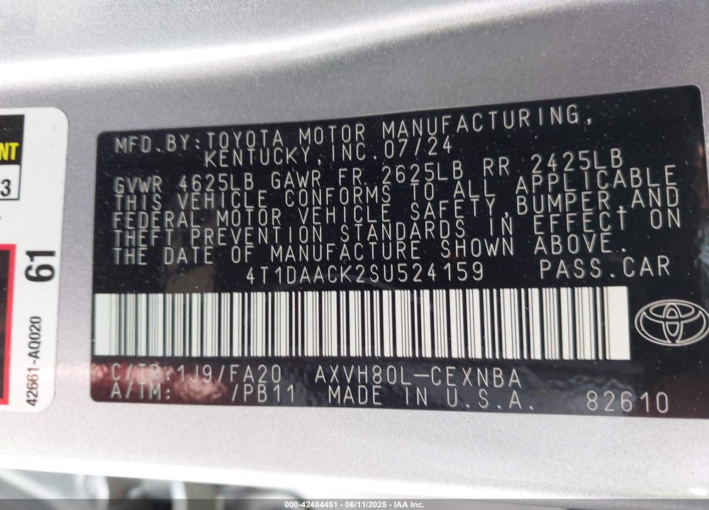 2025 TOYOTA CAMRY LE VIN: 4T1DAACK2SU524159