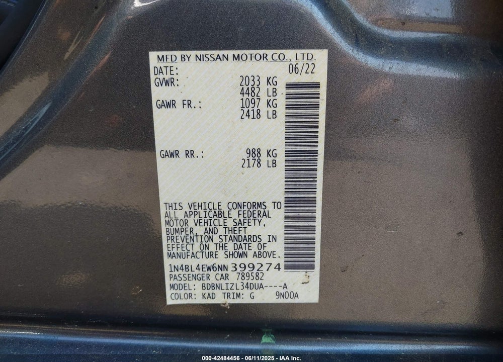 2022 NISSAN ALTIMA SL INTELLIGENT AWD VIN: 1N4BL4EW6NN399274