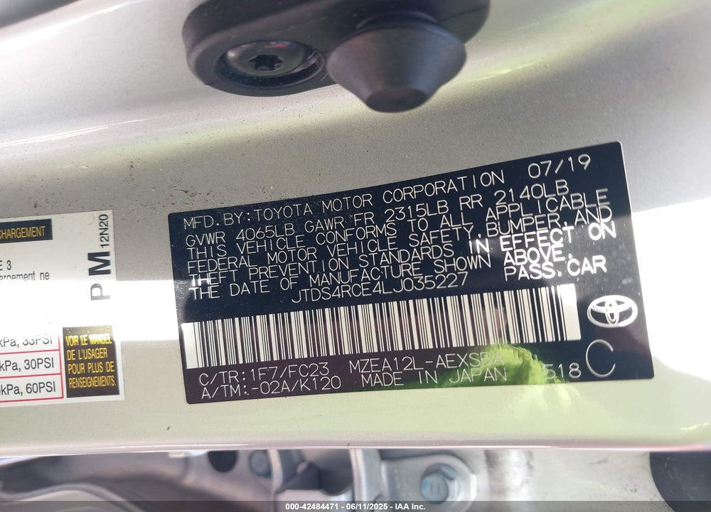 2020 TOYOTA COROLLA VIN: JTDS4RCE4LJ035227