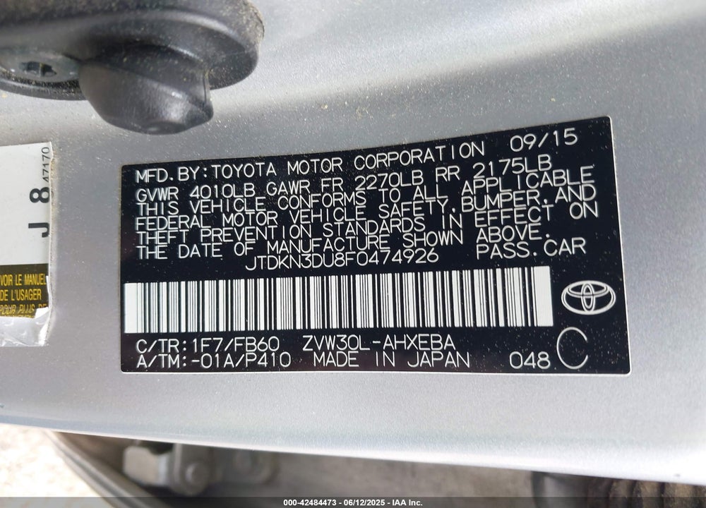 2015 TOYOTA PRIUS VIN: JTDKN3DU8F0474926