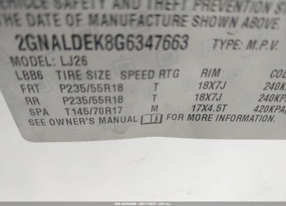2016 CHEVROLET EQUINOX VIN: 2GNALDEK8G6347663