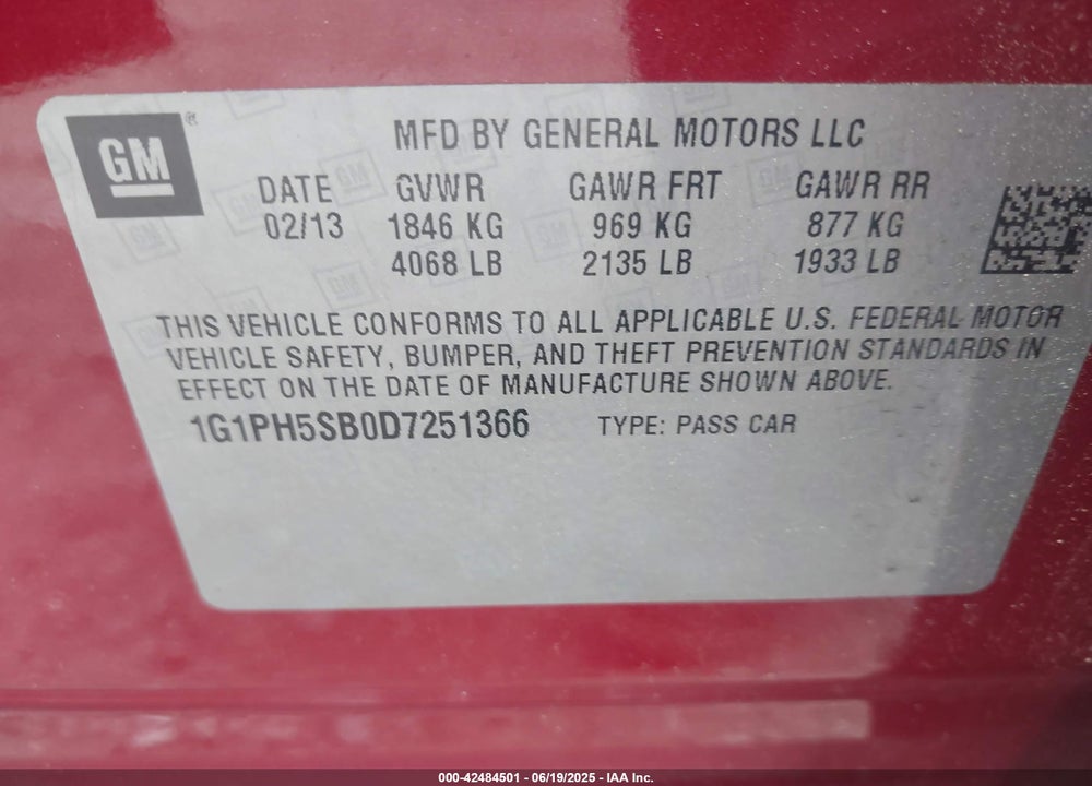 2013 CHEVROLET CRUZE VIN: 1G1PH5SB0D7251366