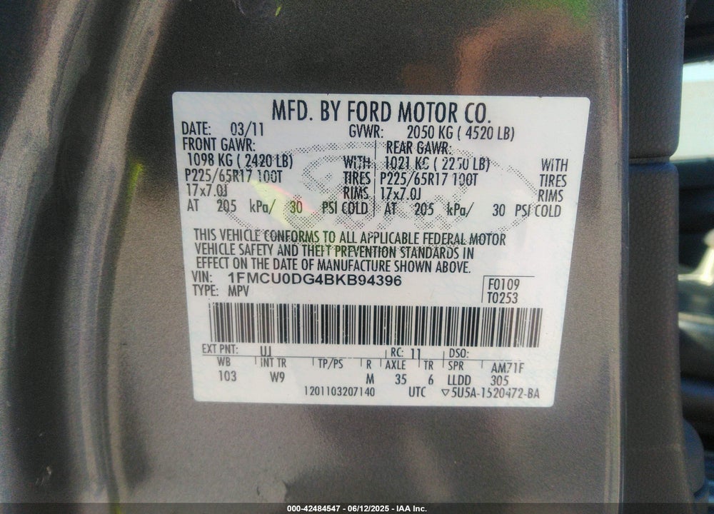 2011 FORD ESCAPE XLT VIN: 1FMCU0DG4BKB94396