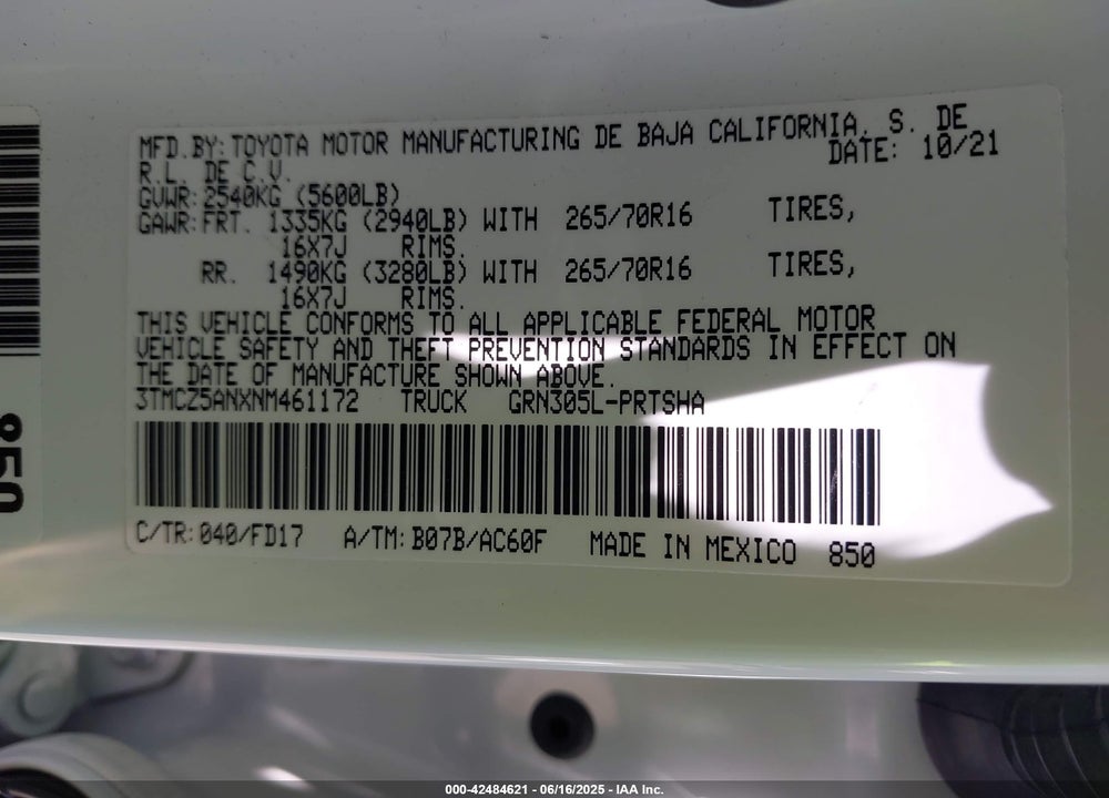 2022 TOYOTA TACOMA VIN: 3TMCZ5ANXNM461172