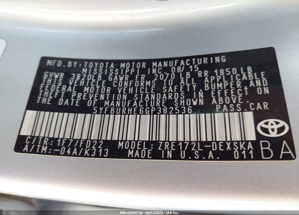2016 TOYOTA COROLLA S PLUS VIN: 5YFBURHE6GP382536
