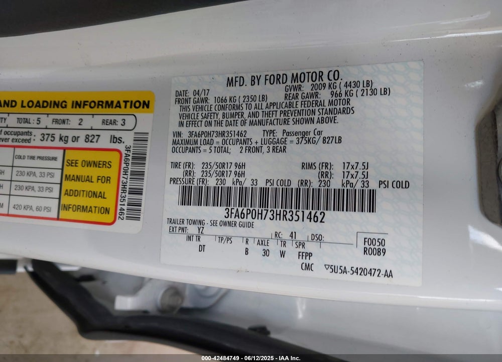 2017 FORD FUSION SE VIN: 3FA6P0H73HR351462
