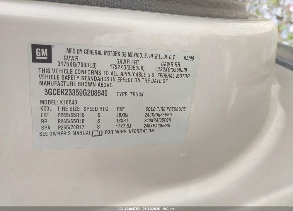 2009 CHEVROLET SILVERADO 1500 LT VIN: 3GCEK23359G208840