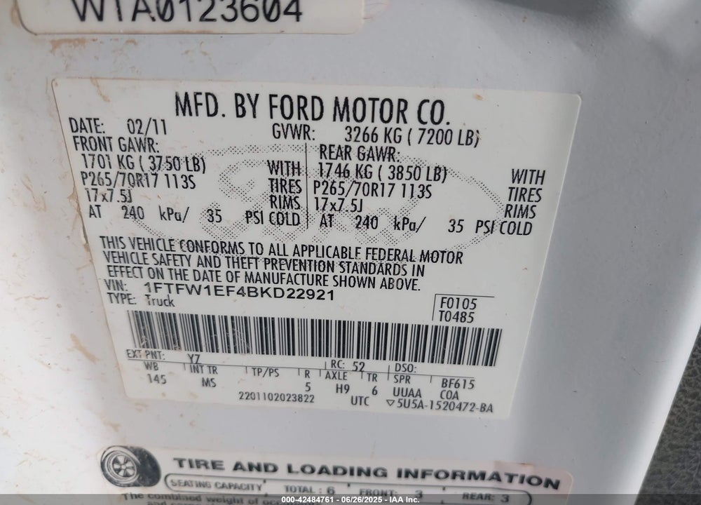 2011 FORD F-150 XLT VIN: 1FTFW1EF4BKD22921