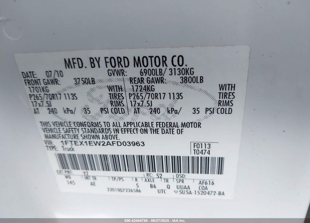 2010 FORD F-150 STX/XL VIN: 1FTEX1EW2AFD03963