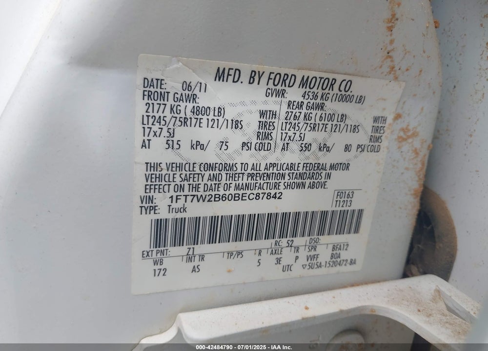 2011 FORD F-250 XL VIN: 1FT7W2B60BEC87842