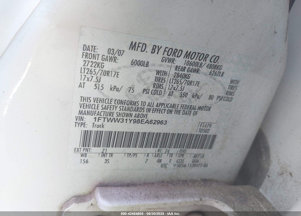 2008 FORD F 350 VIN: 1FTWW31Y98EA62963
