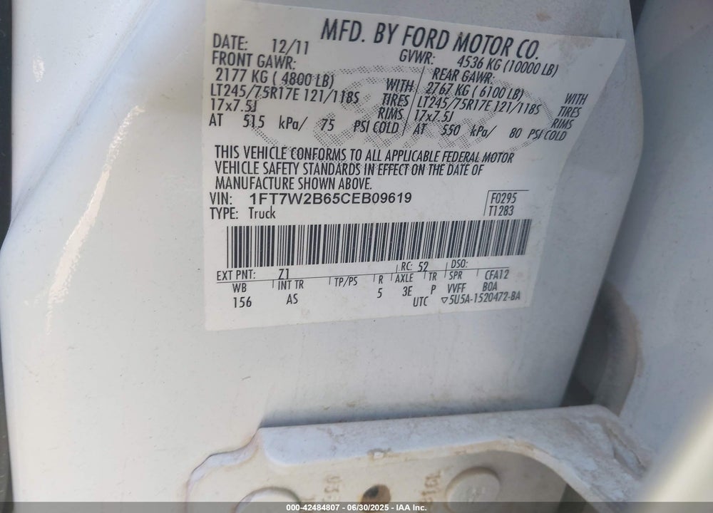 2012 FORD F-250 VIN: 1FT7W2B65CEB09619