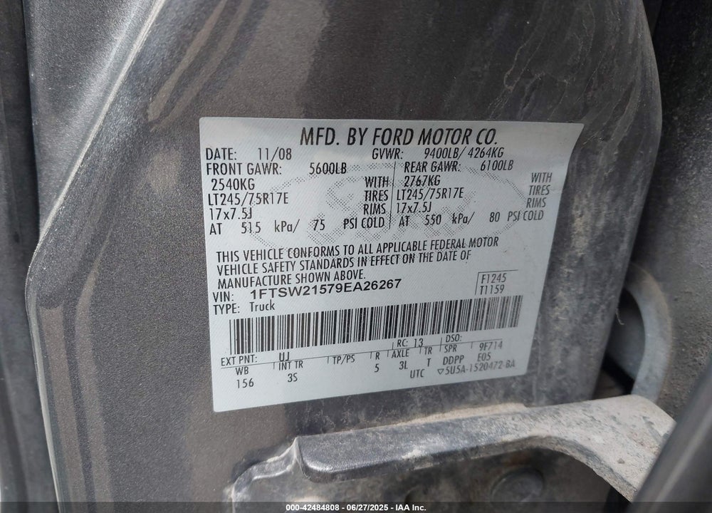 2009 FORD F-250 VIN: 1FTSW21579EA26267