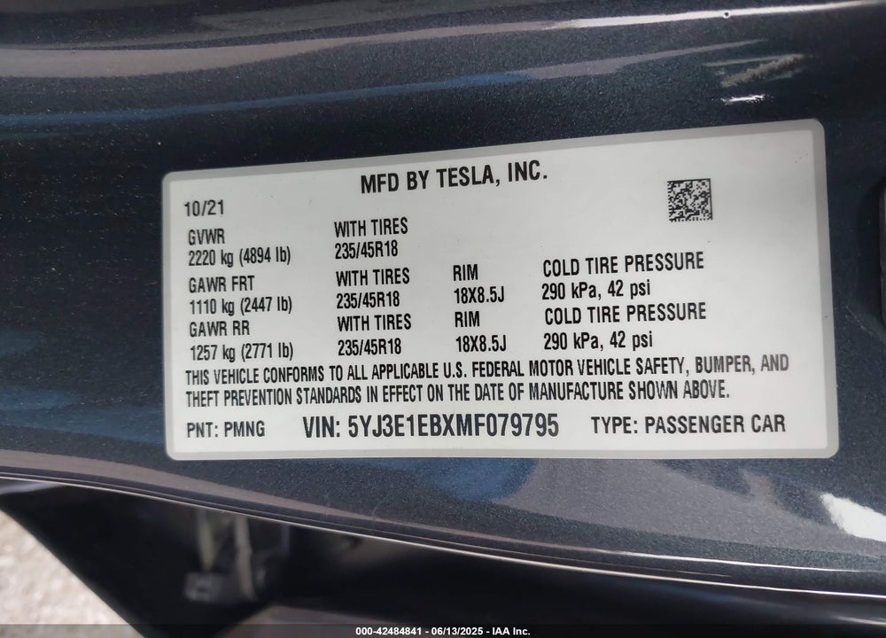 2021 TESLA MODEL 3 VIN: 5YJ3E1EBXMF079795