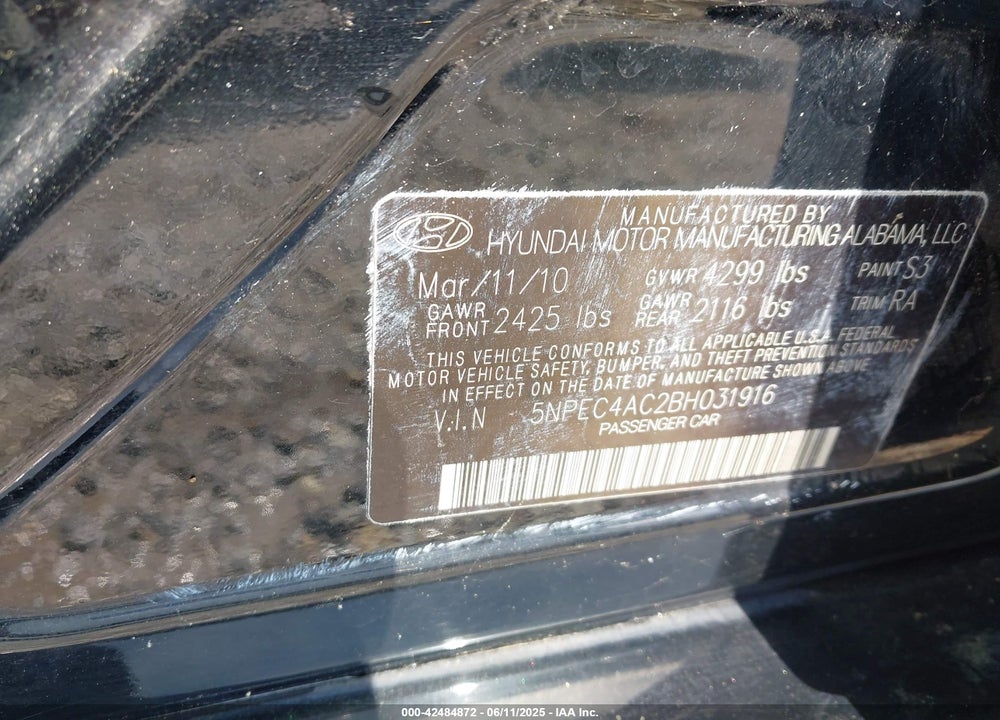2011 HYUNDAI SONATA VIN: 5NPEC4AC2BH031916