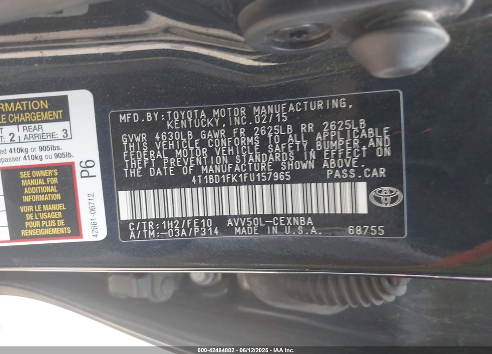 2015 TOYOTA CAMRY HYBRID VIN: 4T1BD1FK1FU157965