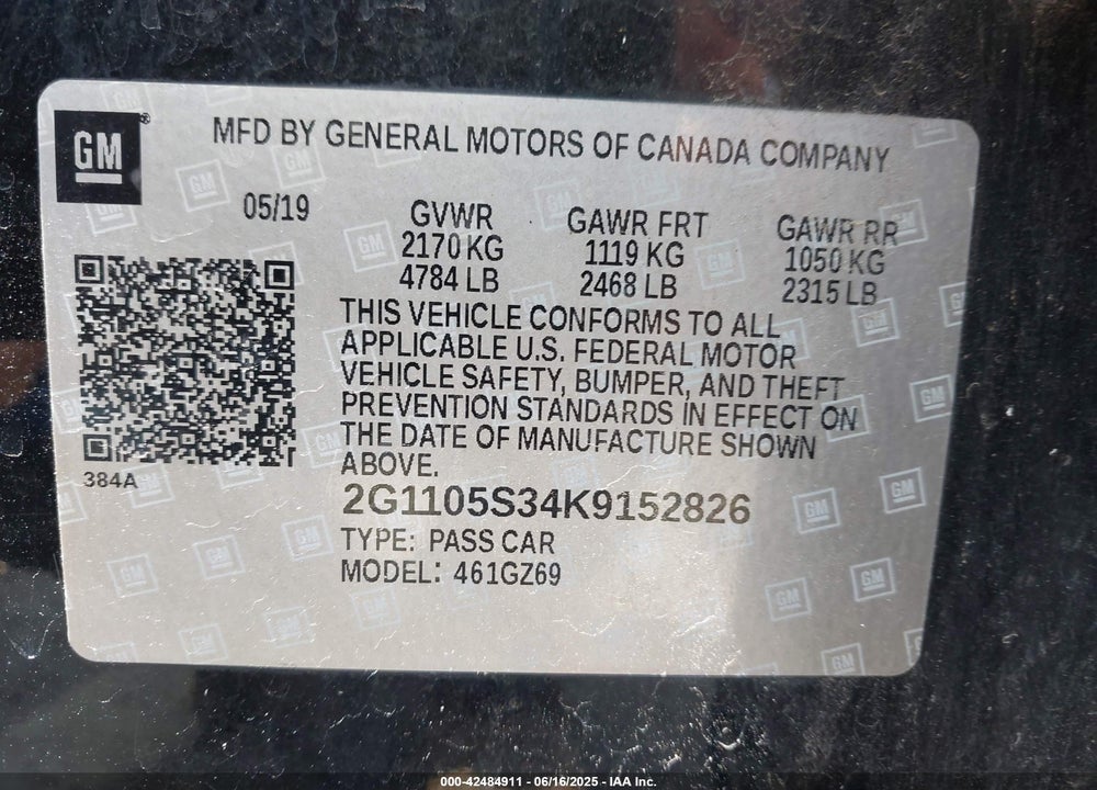 2019 CHEVROLET IMPALA PREMIER VIN: 2G1105S34K9152826