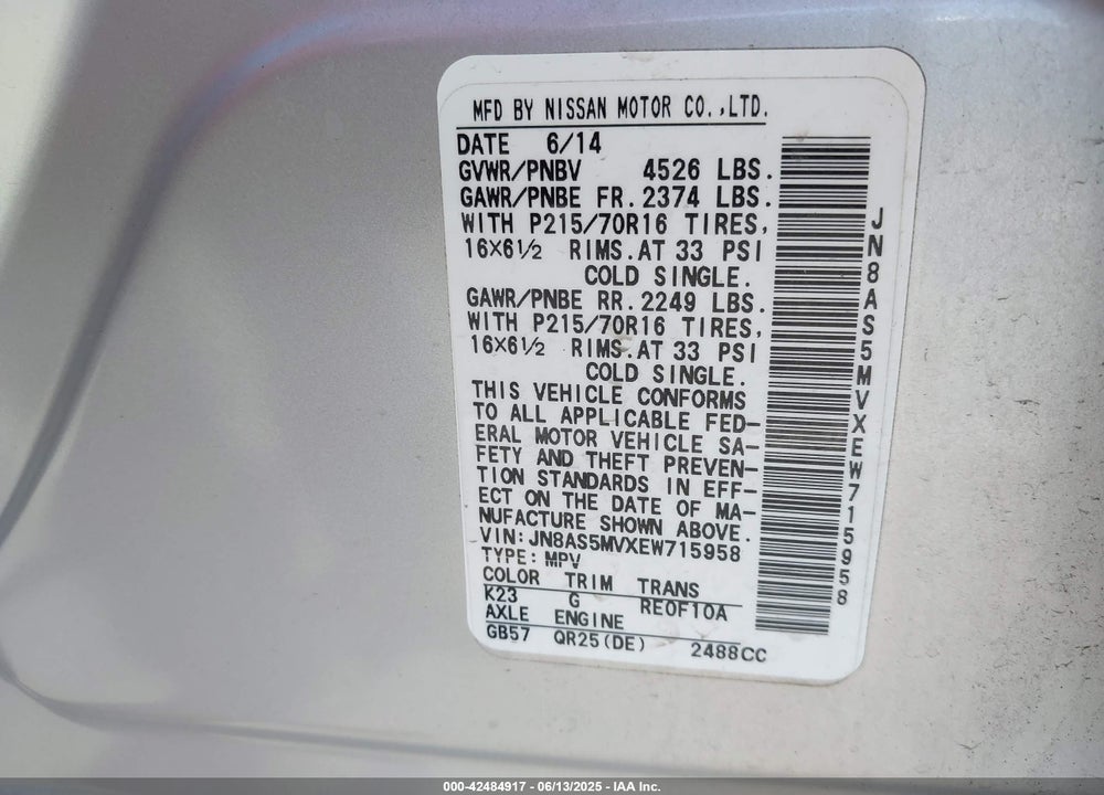 2014 NISSAN ROGUE SELECT S VIN: JN8AS5MVXEW715958