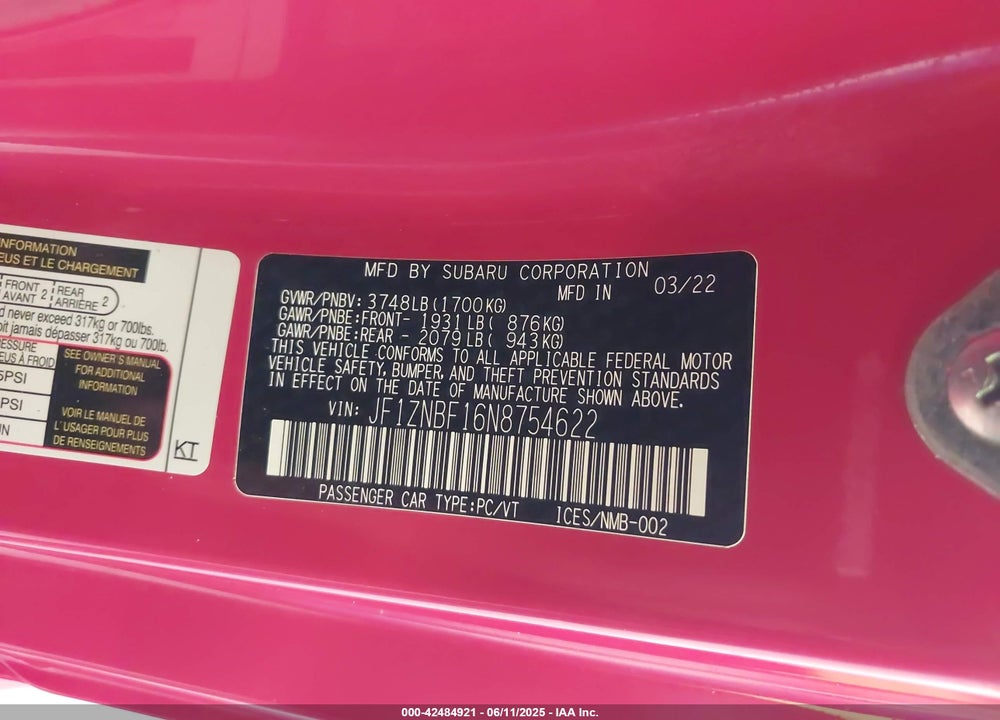 2022 TOYOTA GR86 PREMIUM VIN: JF1ZNBF16N8754622