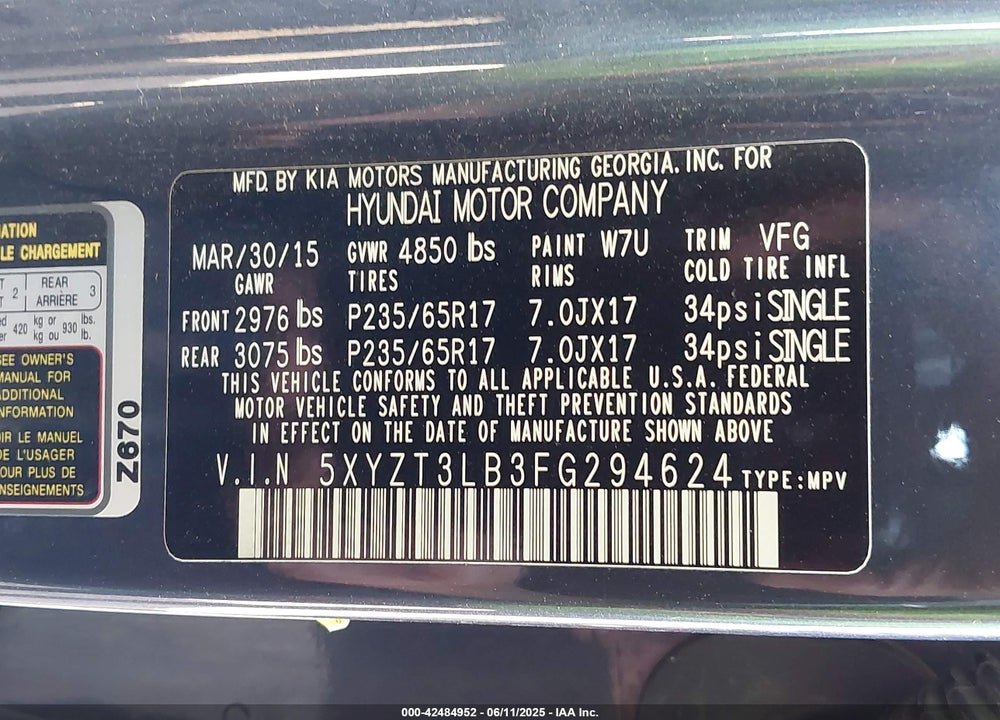 2015 HYUNDAI SANTA FE SPORT VIN: 5XYZT3LB3FG294624