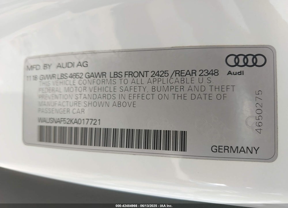 2019 AUDI A5 VIN: WAUSNAF52KA017721