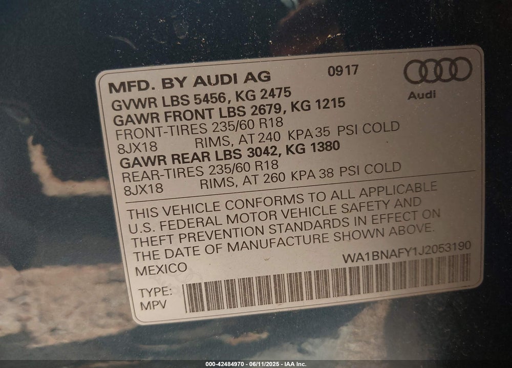 2018 AUDI Q5 VIN: WA1BNAFY1J2053190