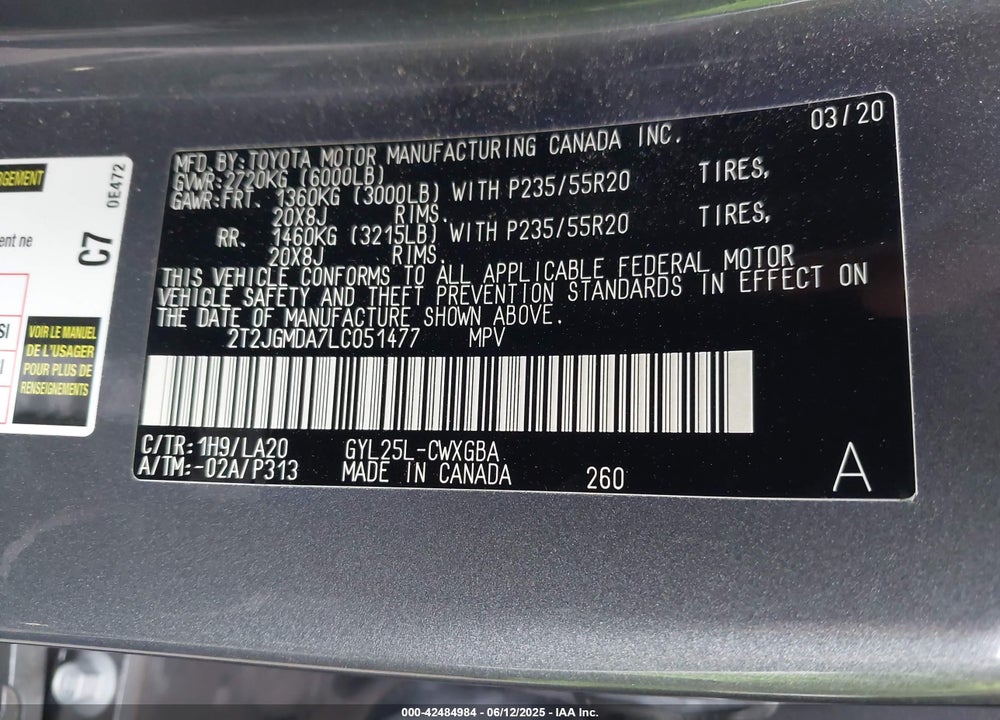 2020 LEXUS RX 450H VIN: 2T2JGMDA7LC051477