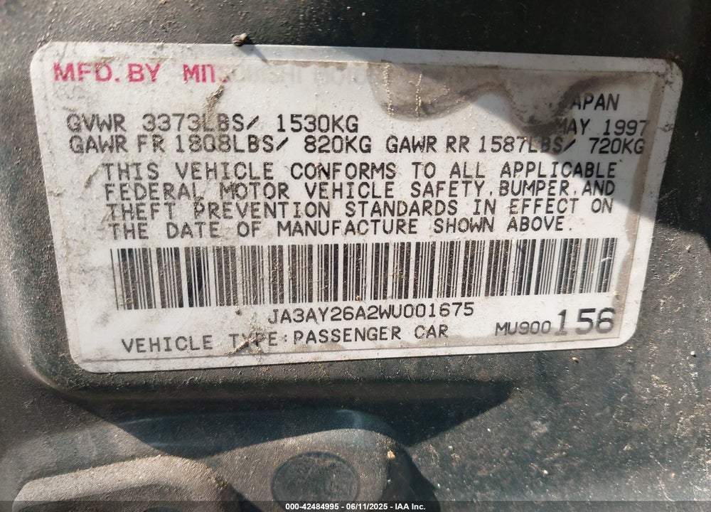 1998 MITSUBISHI MIRAGE DE VIN: JA3AY26A2WU001675