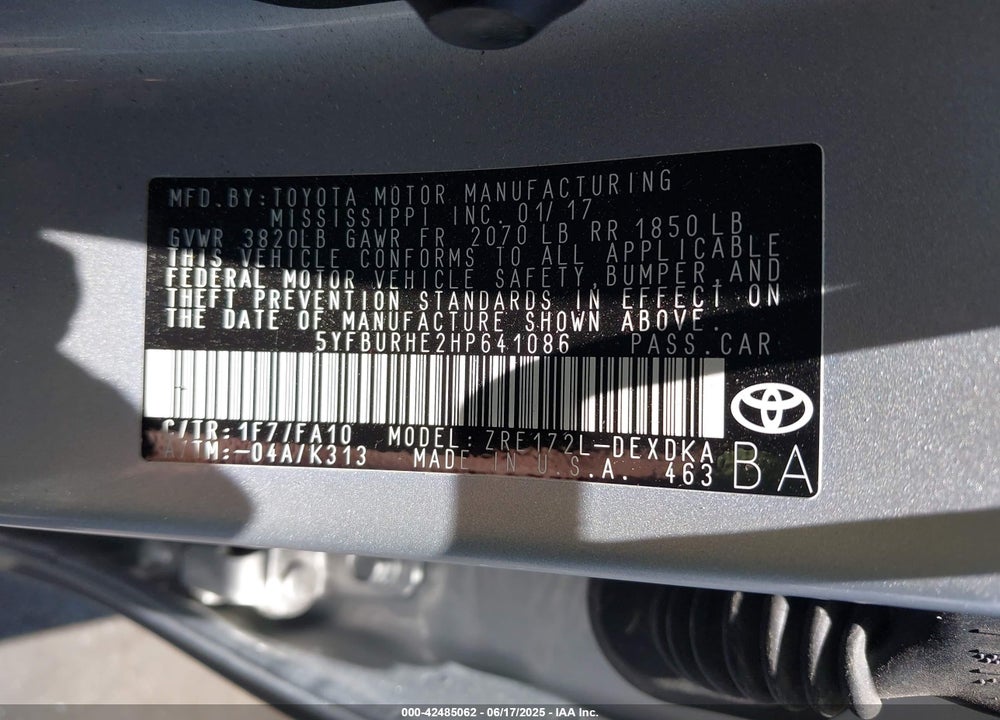 2017 TOYOTA COROLLA VIN: 5YFBURHE2HP641086
