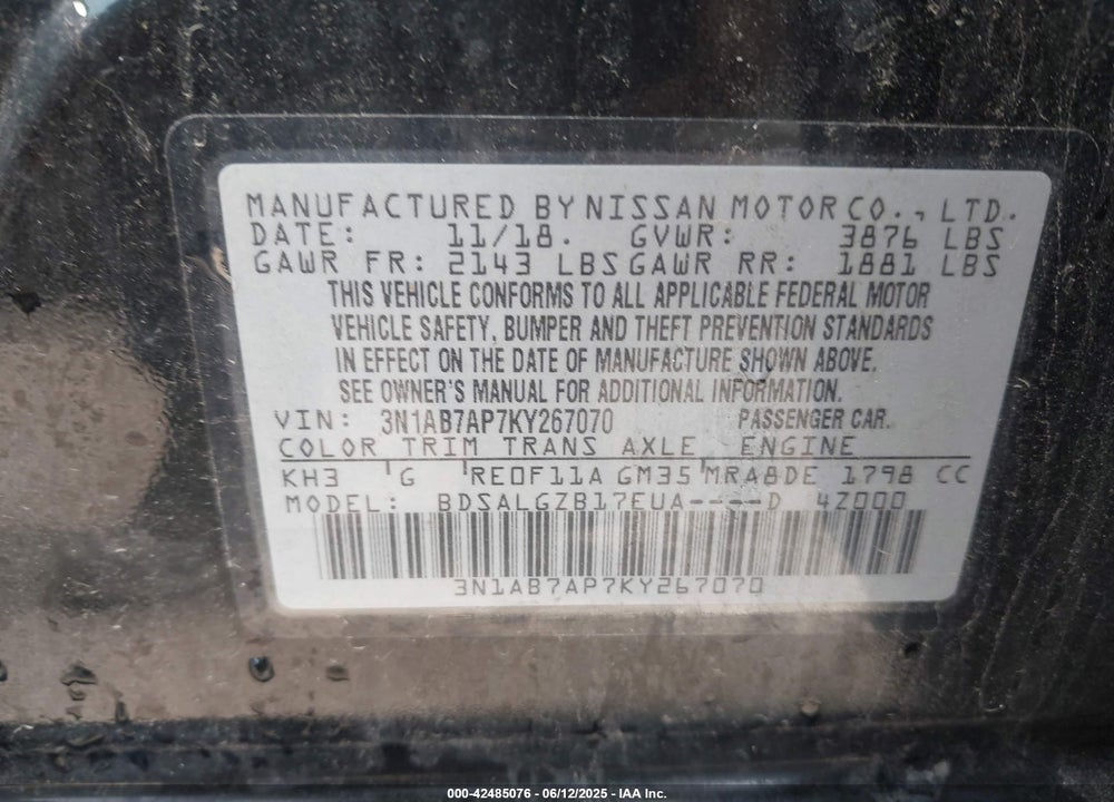 2019 NISSAN SENTRA SL VIN: 3N1AB7AP7KY267070