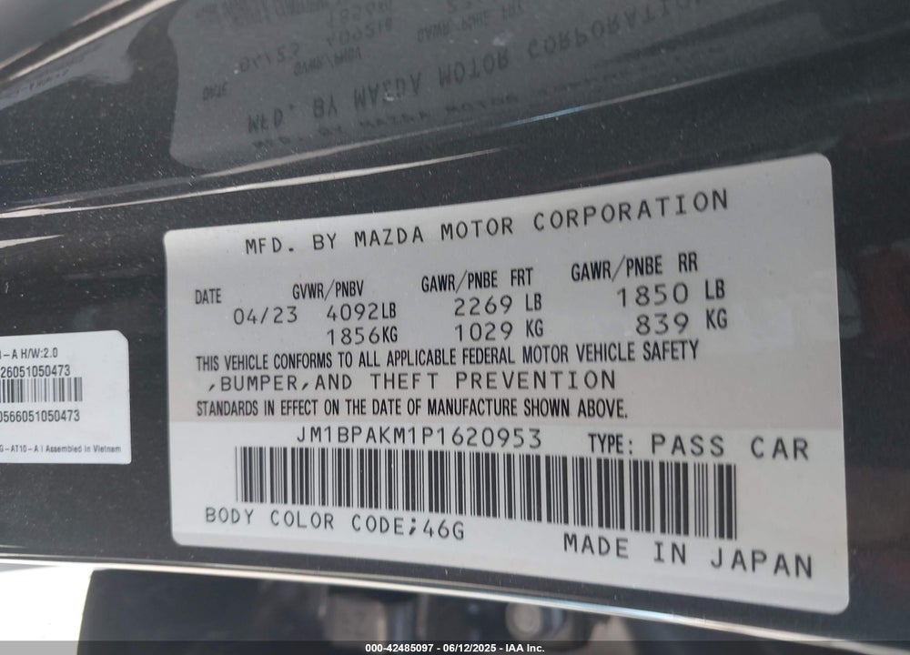 2023 MAZDA 3 VIN: JM1BPAKM1P1620953
