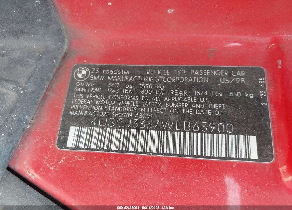 1998 BMW Z3 2.8 VIN: 4USCJ3337WLB63900