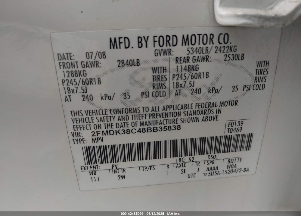 2008 FORD EDGE VIN: 2FMDK38C48BB35838